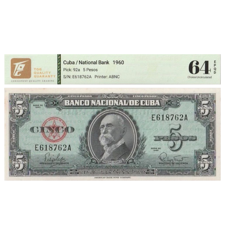 5 Pesos de Cuba Pick #92a 1960 - Certificado TQG 64